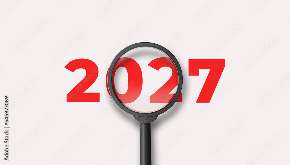 Magnifying glass magnifies the year 2027 on white background. Focusing on the year 2027 for business planning concept. 3D illustration. - obrazy, fototapety, plakaty 
