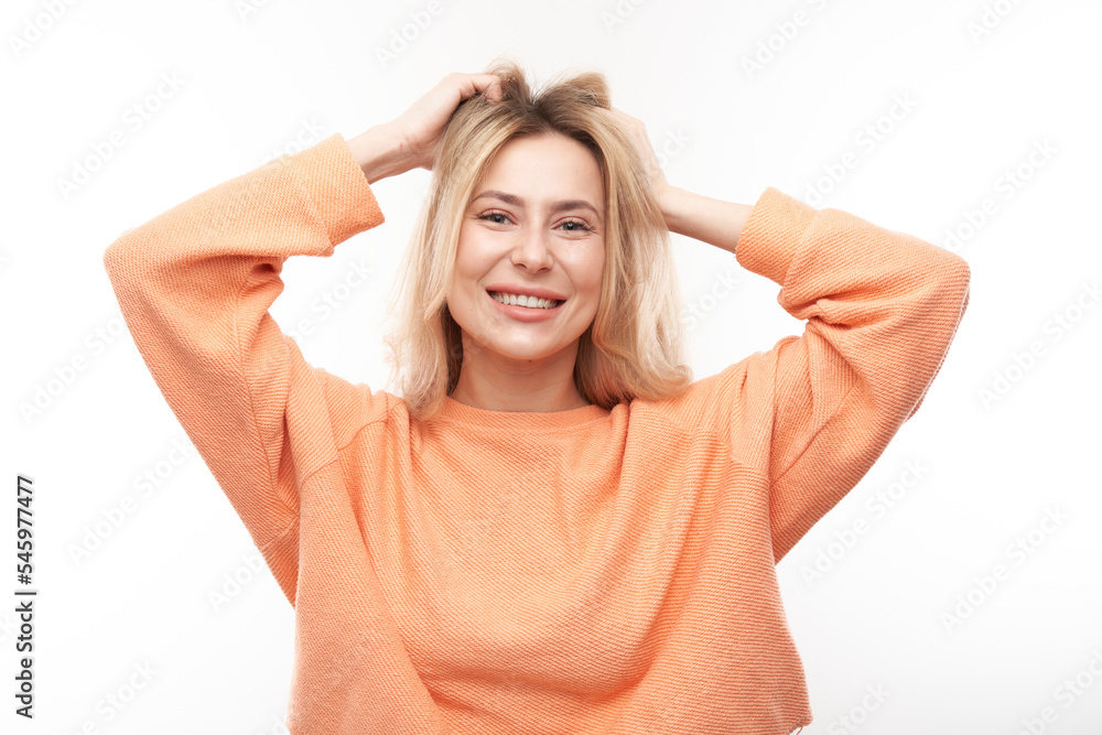 Portrait positive blonde girl emotionally rejoices and feels happy satisfied isolated on white background, advertising banner Portrait positive blonde girl emotionally rejoices and feels happy satisfied isolated on white background, advertising banner
