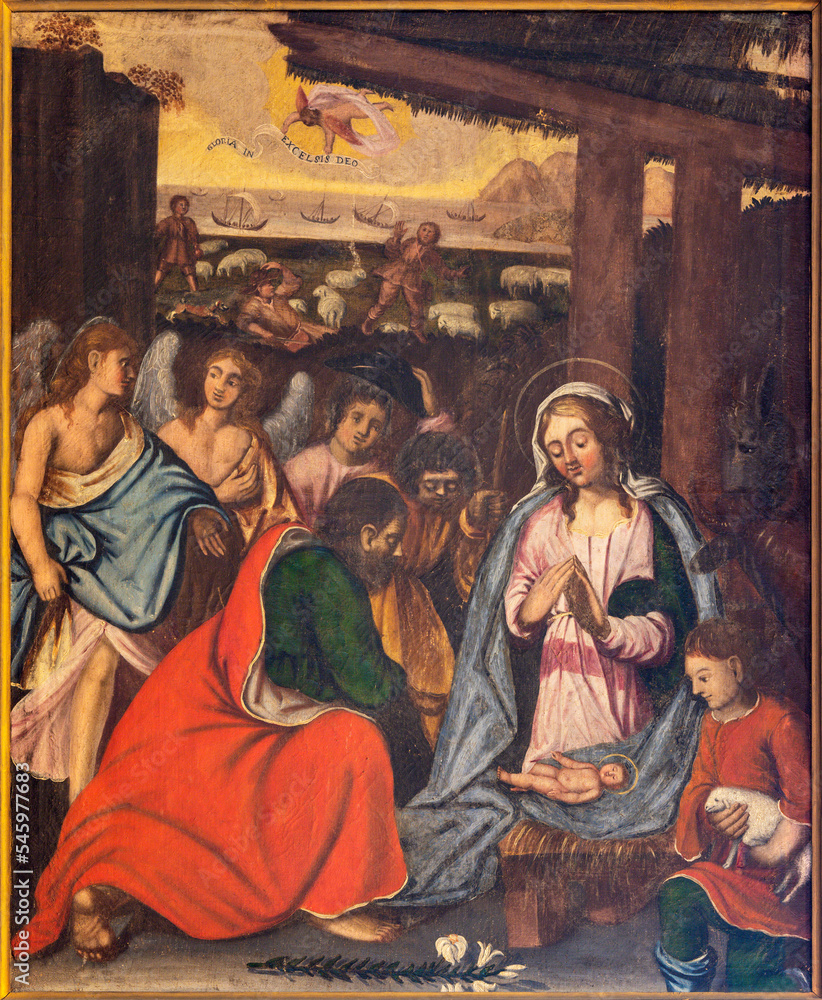 ALAGNA, ITALY - JULY 16, 2022: The painting of Adoration of shepherds in the church San Giovanni Battista by unknown artist.