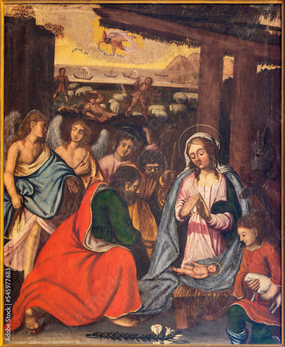 ALAGNA, ITALY - JULY 16, 2022: The painting of Adoration of shepherds in the church San Giovanni Battista by unknown artist.