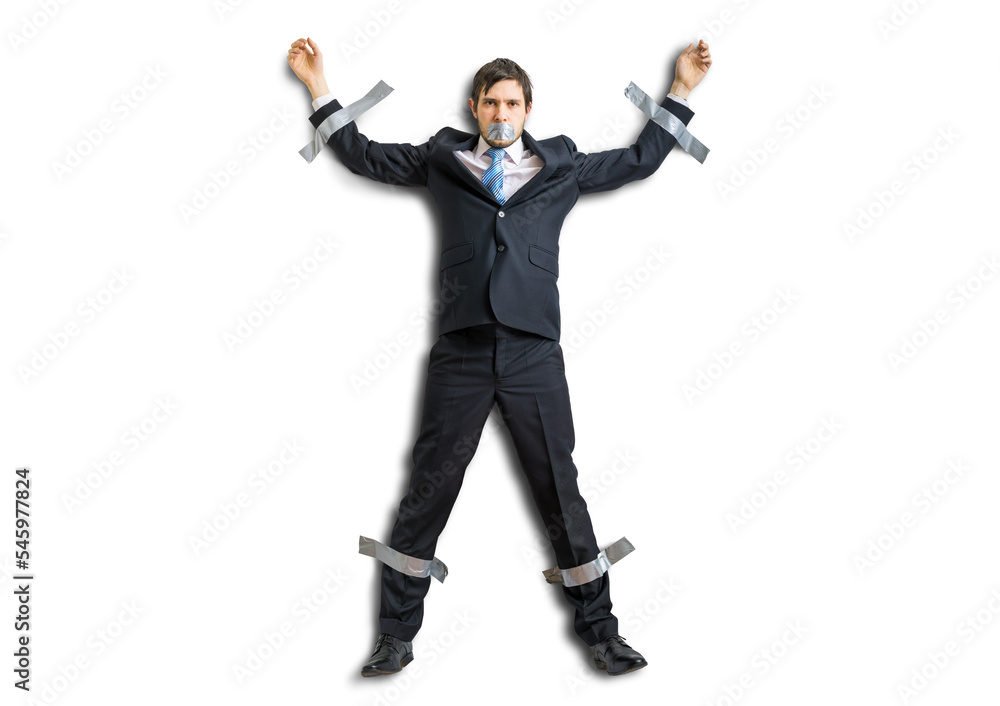 Businessman in suit is taped to the wall with adhesive tape. Isolated on transparent background. Businessman in suit is taped to the wall with adhesive tape. Isolated on transparent background.