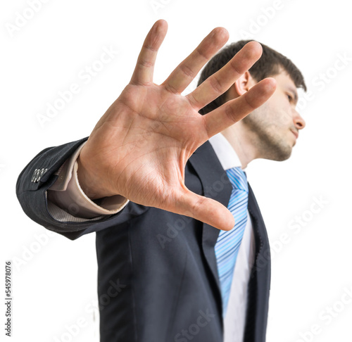 Businessman is showing hand. No comment gesture. Isolated on transparent background. photo