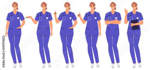 Nurse stands in various poses and gestures. Set of smiling doctor characters in flat style. Woman showing hand, thumb up, folded hands, greeting, index finger teaching. Vector isolated on white