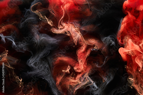 Red black ink abstract background. Acrylic paint backdrop for perfume, hookah, cosmetics. Mysterious smoke clouds, colorful fog