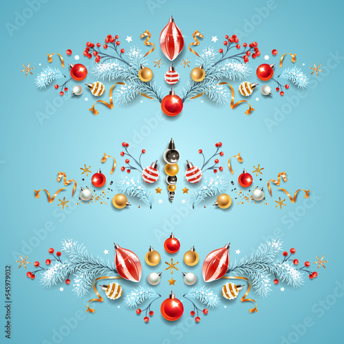 Square banner with red and gold Christmas symbols and text. Frames and borders with Christmas tree, tinsel confetti and snowflakes on light background. 