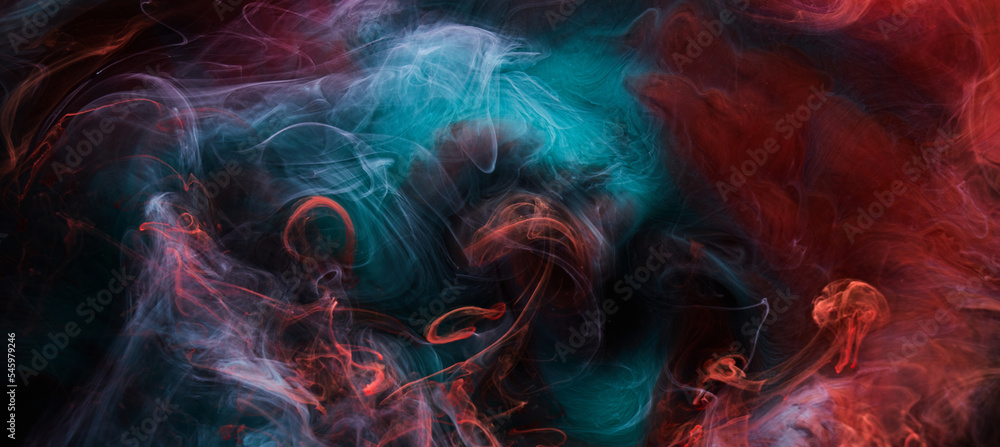 Emerald red ink abstract background. Acrylic paint backdrop for perfume, hookah, cosmetics. Mysterious smoke clouds, colorful fog