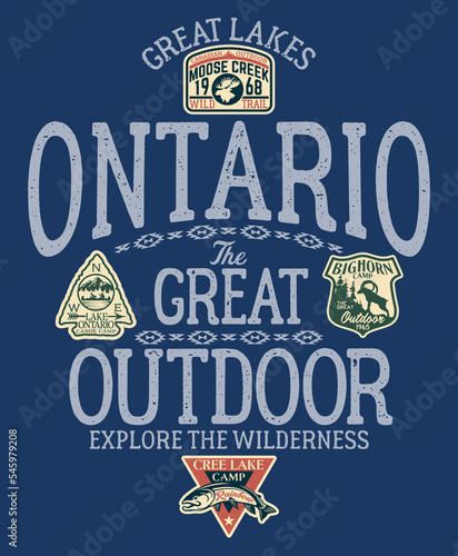 Ontario lake great outdoor camp grunge vector print for boy t shirt with vintage embroidery patches applique