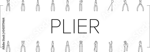 pliers equipment tool repair work icons set vector
