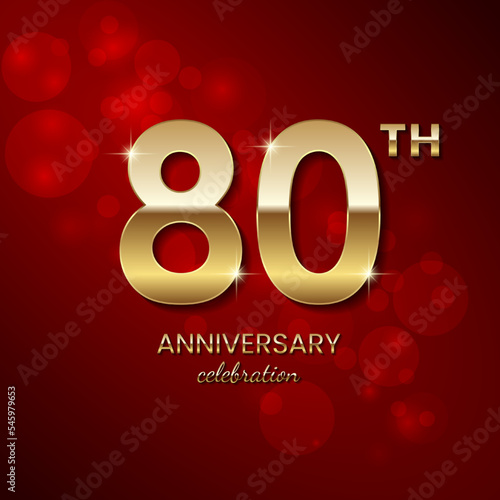 80th Anniversary Celebration. Golden number 80 with sparkling confetti and glitter for celebration events, wedding, invitation, greeting card. Vector illustration