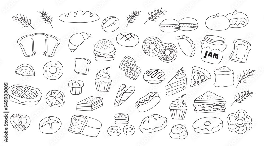 Hand drawn Kids drawing vector Illustration set of bakery bread in doodle style