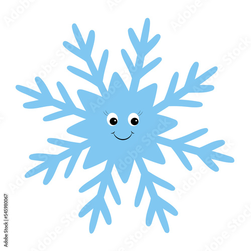 Cute cartoon smiling snowflake. Winter character. Isolated element on a white background.