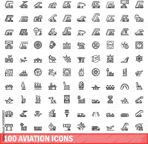 100 aviation icons set. Outline illustration of 100 aviation icons vector set isolated on white background