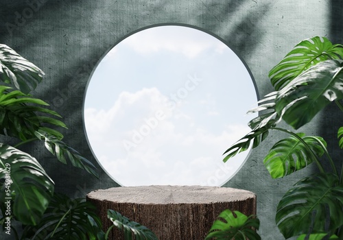 Wooden product display podium in green room with monstera plant and sunshine shadow background. Product presentation theme. Nature and Organic cosmetic and food concept. 3D illustration rendering