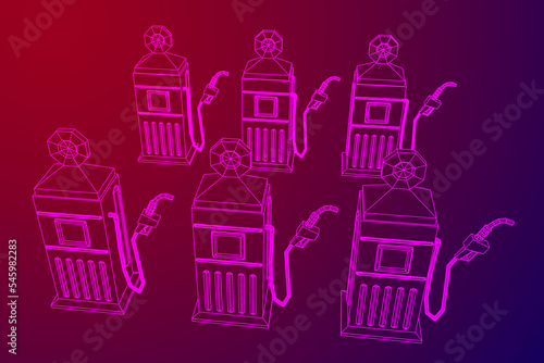 Gasoline pump station retro design. Wireframe vector