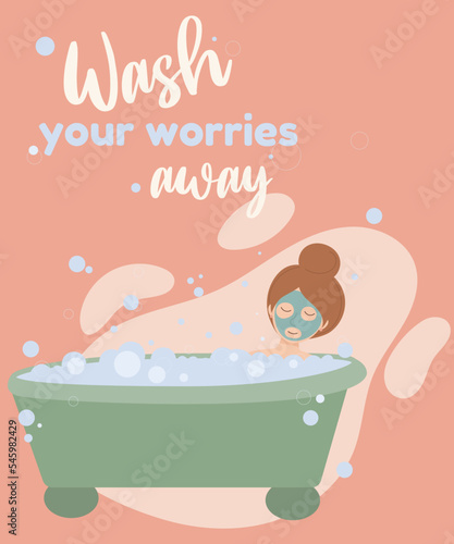 Relaxed woman lying at  bath tub with face mask and bubbles foam. Woman taking a bath.Bubble Bath day.