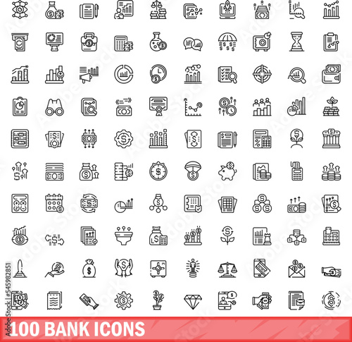 100 bank icons set. Outline illustration of 100 bank icons vector set isolated on white background