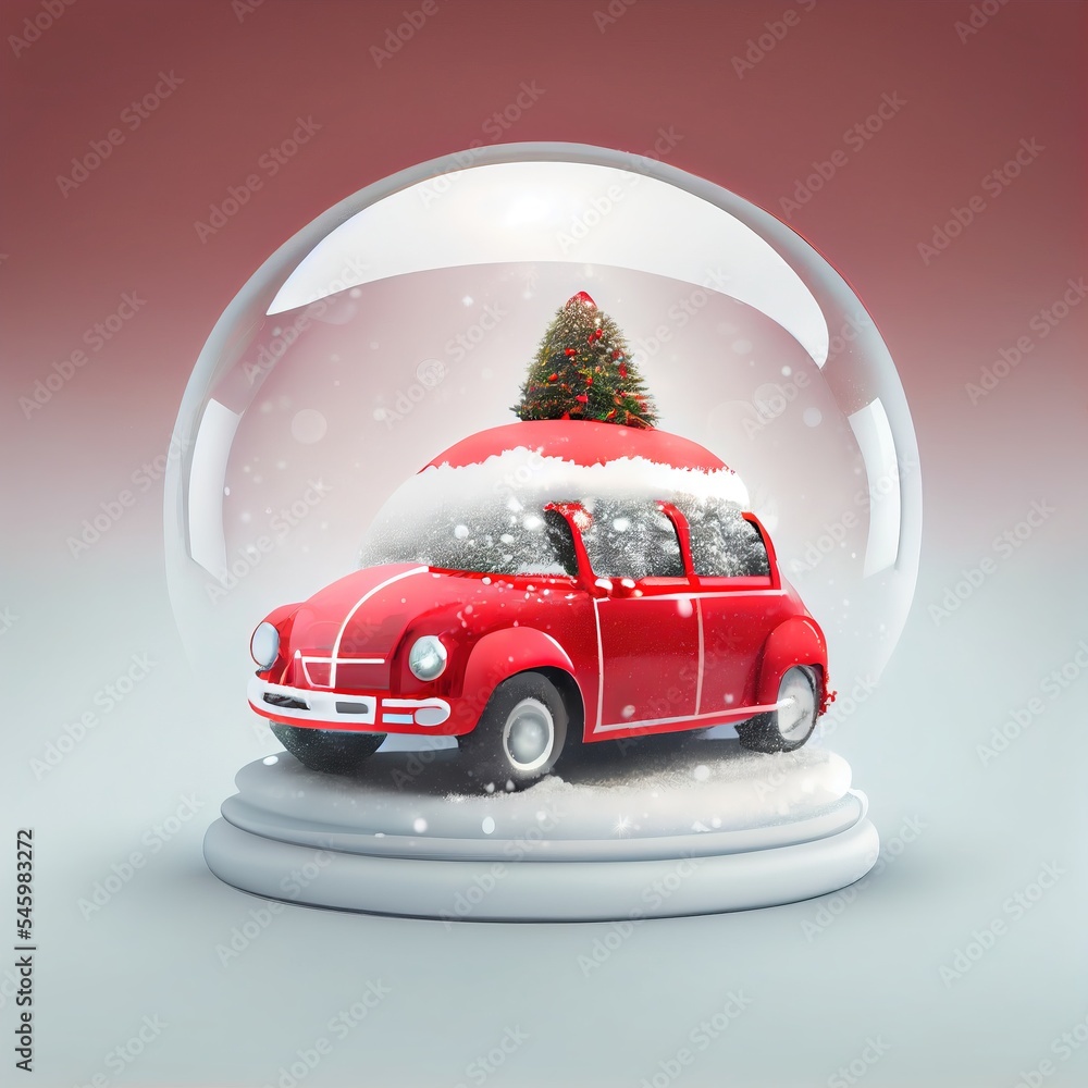 Red car snow globe with a Christmas tree on the roof - obrazy, fototapety, plakaty 