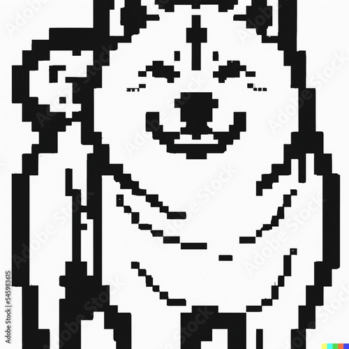 Black pixel drawing of a smiling Shiba Inu dog on white background