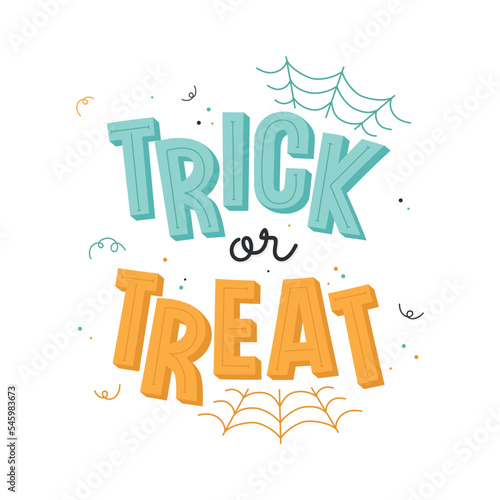 Happy halloween greeting cards lettering with trick or treat. Halloween greeting card calligraphy with clouds, spider web or bat. Hand drawn vector, creepy, spooky elements, sketch, icon. (ID: 545983673)