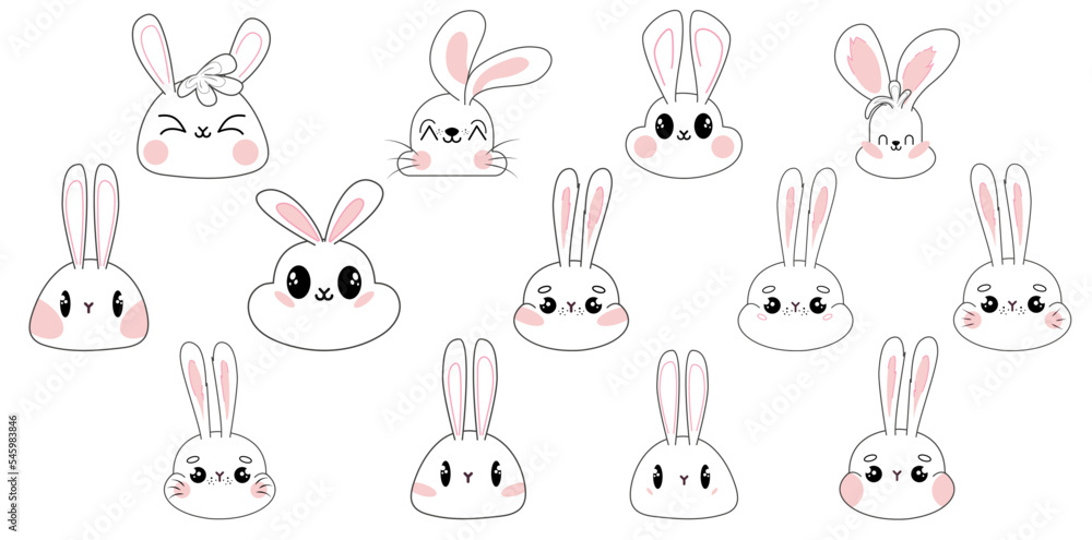 Rabbits Set. Outline Bunnies Faces. Rabbits Set. Outline Bunnies Faces.