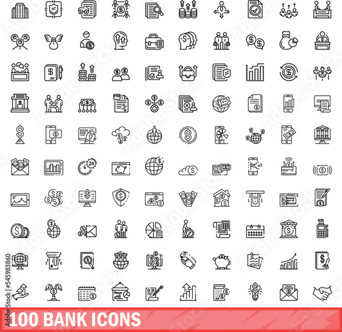 100 bank icons set. Outline illustration of 100 bank icons vector set isolated on white background