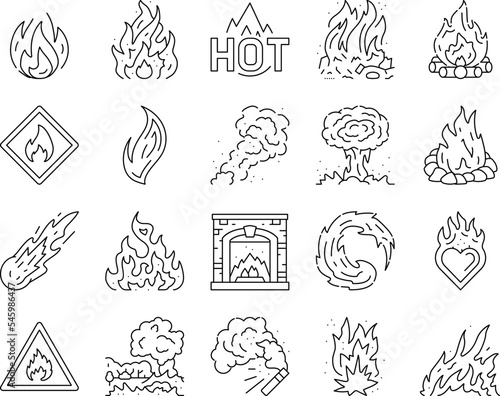 flame hot fire burn bonfire heat icons set vector