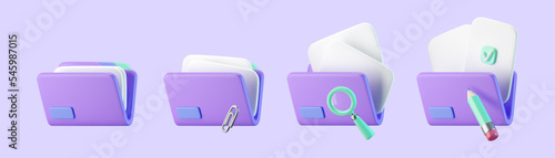 3d purple file folder icons with document and check, pencil, clip, magnifying glass isolated on background. Render folder with paper for management file concept. 3d cartoon simple vector illustration