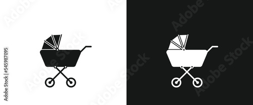 Baby carriage flat icon for web. Simple cute baby pram stroller sign web icon silhouette with invert color. Minimalist baby carriage pram stroller solid black icon vector design