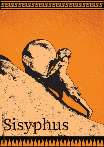 Sisyphus greek myth rolling a rock in a mountain. Guy worker strong figure climb carry goal