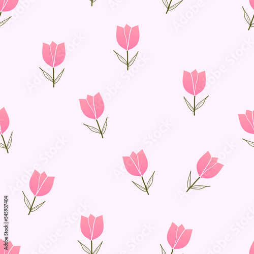 Seamless pattern with cute tulip flower on pink background vector illustration.