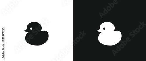 Ruber duck flat icon for web. Simple cute duck toy sign web icon silhouette with invert color. Minimalist inflatable toy rubber duck solid black icon vector design. Baby's swimming toy emblem