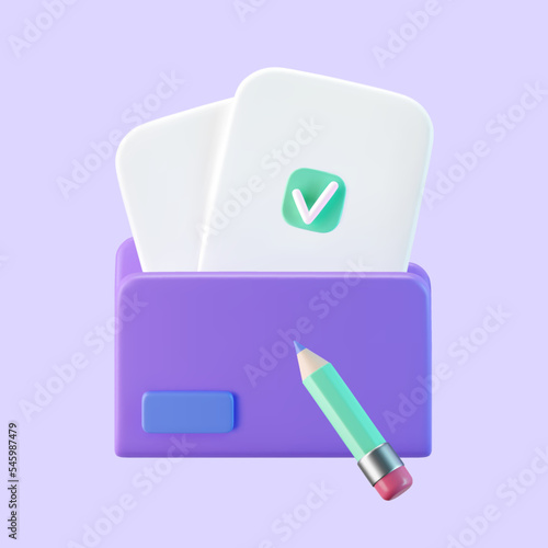 3d purple computer file folder icon with blank document and check, pencil isolated on background. Render folder with paper for management file concept. 3d cartoon simple vector illustration