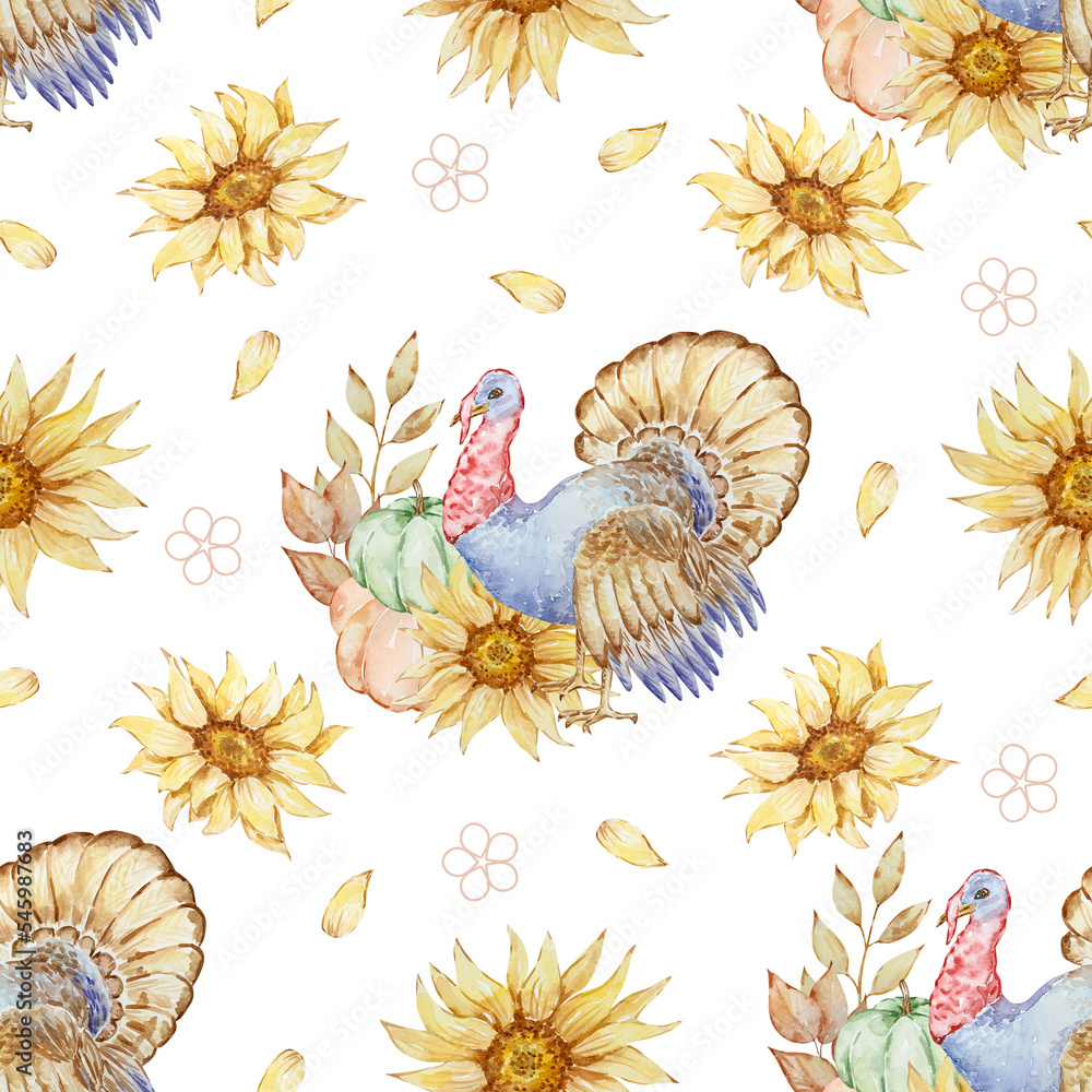 Obraz premium Autumn seamless pattern watercolor turkey and pumpkins