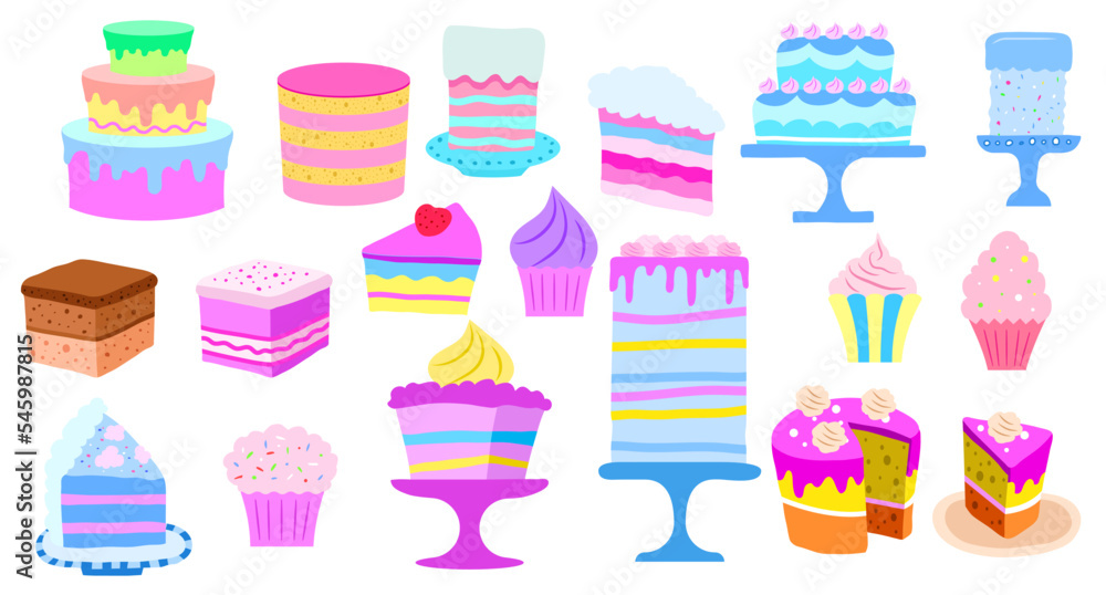 Pastry set, sweet cakes and desserts, cupcakes and cakes with cream, delicious pastries with frosting in a flat, cartoon style. Vector illustration for cooking, your design and holiday cards Pastry set, sweet cakes and desserts, cupcakes and cakes with cream, delicious pastries with frosting in a flat, cartoon style. Vector illustration for cooking, your design and holiday cards