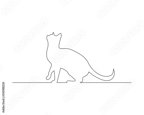 One line illustration of a cat. The cat is looking up. Single line cat illustration.