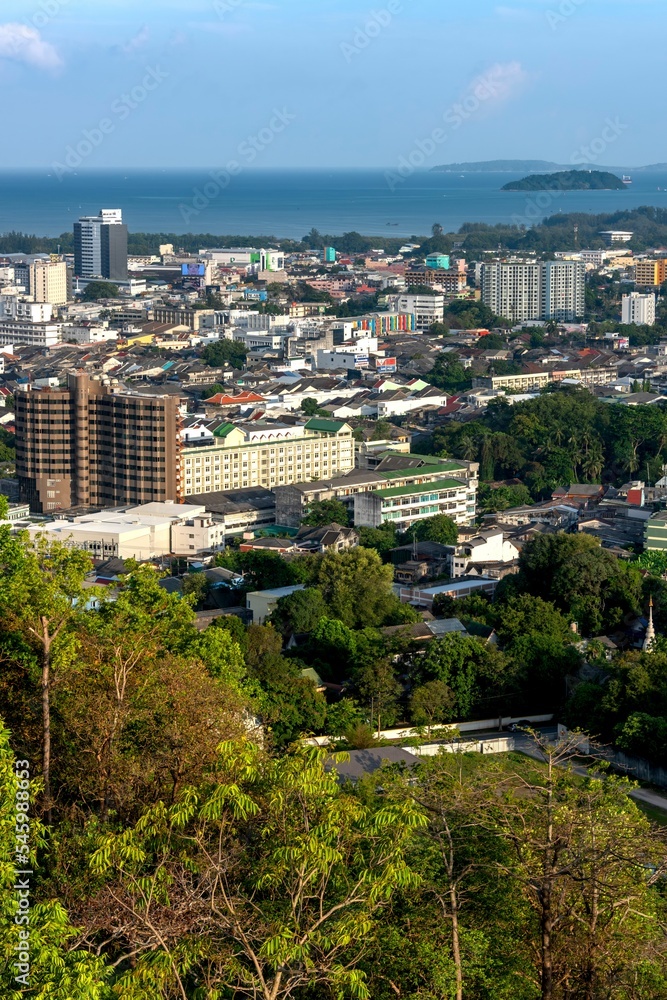 Aerial view of cityscape Phuket surrounded by buildings and water