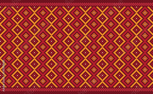 Pixel ethnic pattern, Vector embroidery Nordic background, Geometric native beautiful style, Red and orange pattern Boho texture, Design for textile, fabric, ceramic, curtain, wall art