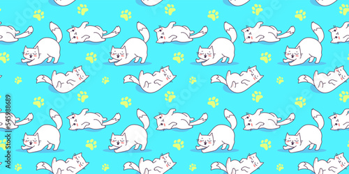 Vector illustration of happy cute cat character on blue color background. Flat line art style design of seamless pattern with different cute animal cat and paw print