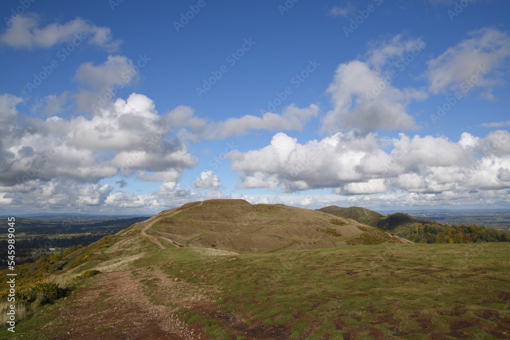 the views from the top of British camp hill fort, at the top of Malvern on a sunny day at the start of autumn 