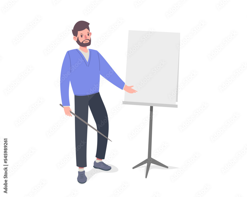 Vector business illustration of business man show to empty flipchart on white color background. Flat style design of manager