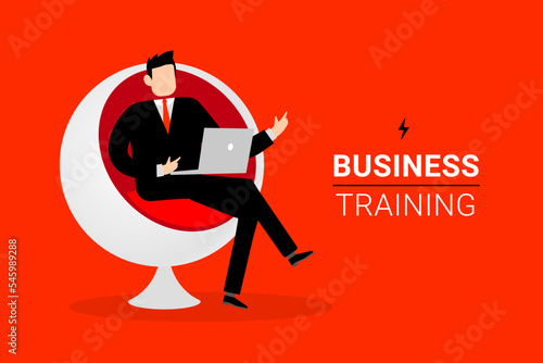 Vector business illustration of business man sit on round arm chair with laptop on red color background. Flat style design of man holding laptop