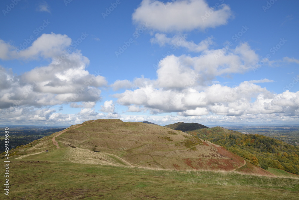 the views from the top of British camp hill fort, at the top of Malvern on a sunny day at the start of autumn 