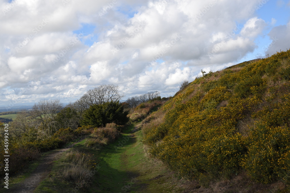 the views from the top of British camp hill fort, at the top of Malvern on a sunny day at the start of autumn 