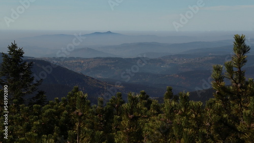View of Ještěd mountain from Krkonoše, foggy weather