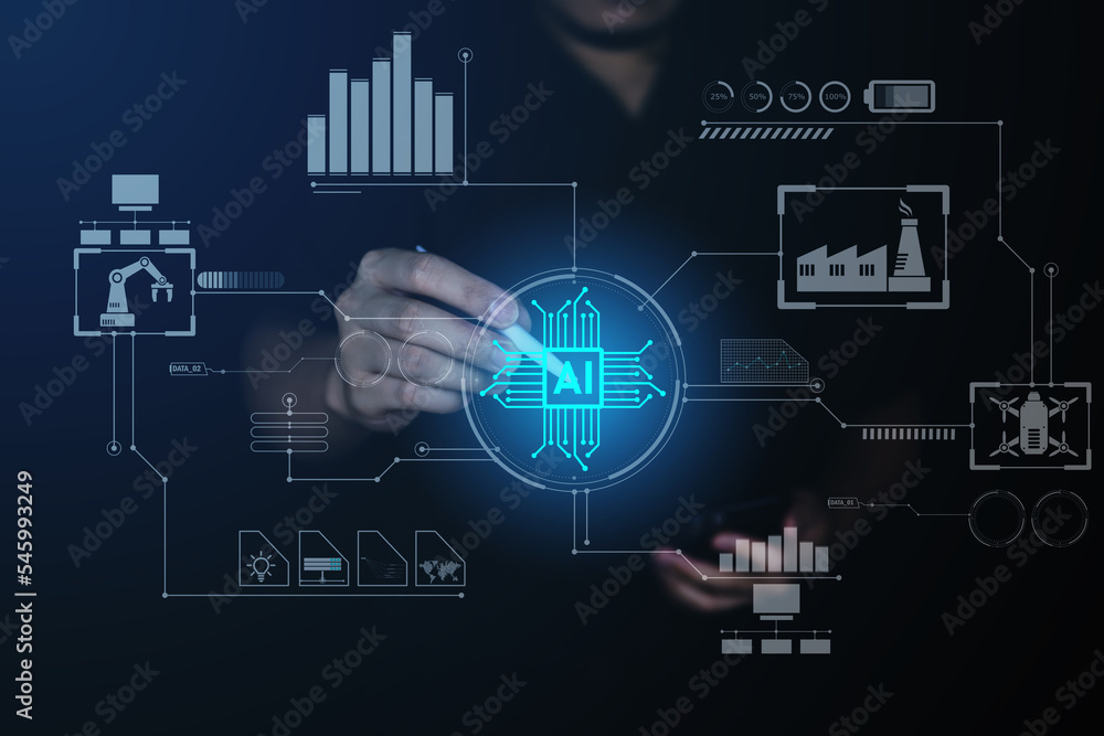 Technology AI control and people use AI for setup and management machine, Technology AI control and people use AI for setup and management machine,