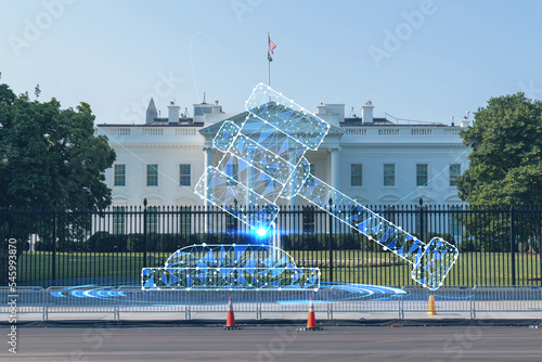 The White House on sunny day, Washington DC, USA. Executive branch. President administration. Glowing hologram legal icons. The concept of law, order, regulations and digital justice