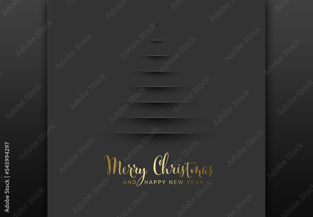 Christmas card with tree made from dark gray paper cut stripes with ...