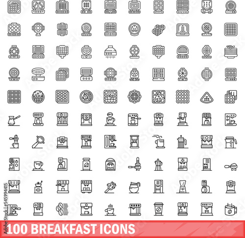 100 breakfast icons set. Outline illustration of 100 breakfast icons vector set isolated on white background