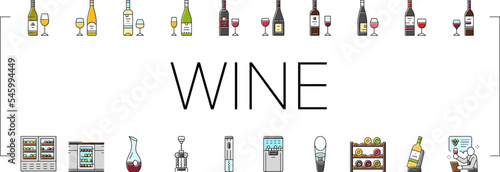 wine glass alcohol red bottle icons set vector
