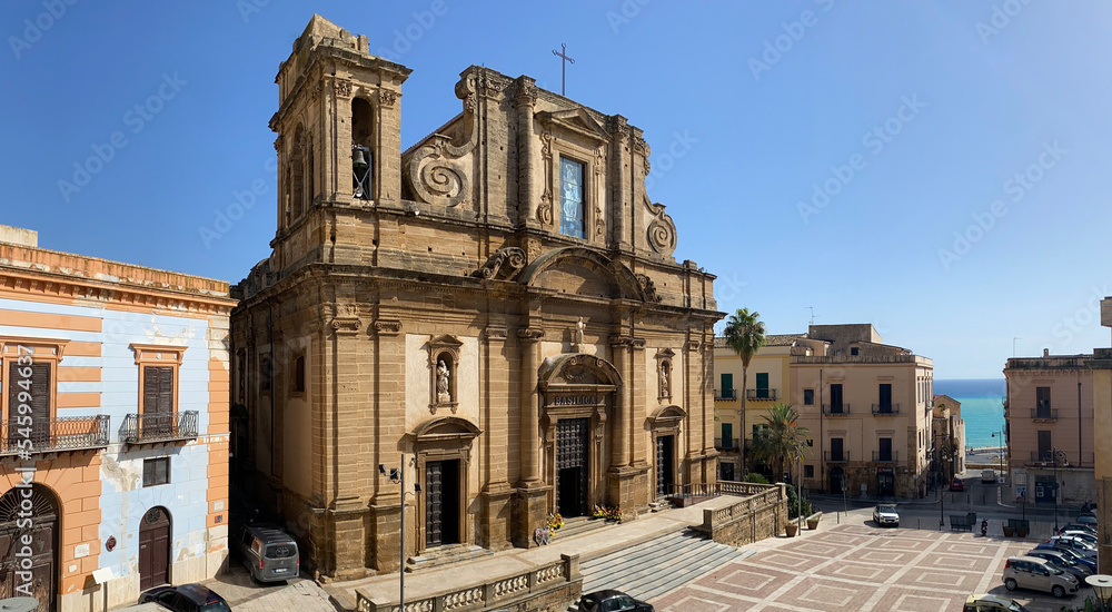 View of the basilica of Maria Santissima del Soccorso or mother church, the main Catholic place of worship in Sciacca in Sicily, Italy.